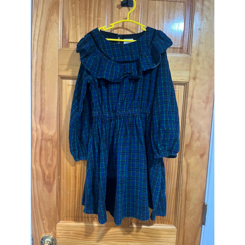Crewcuts Girls Dress Size 8 Green Blue Plaid Ruffle Collar Long Sleeve Holiday
